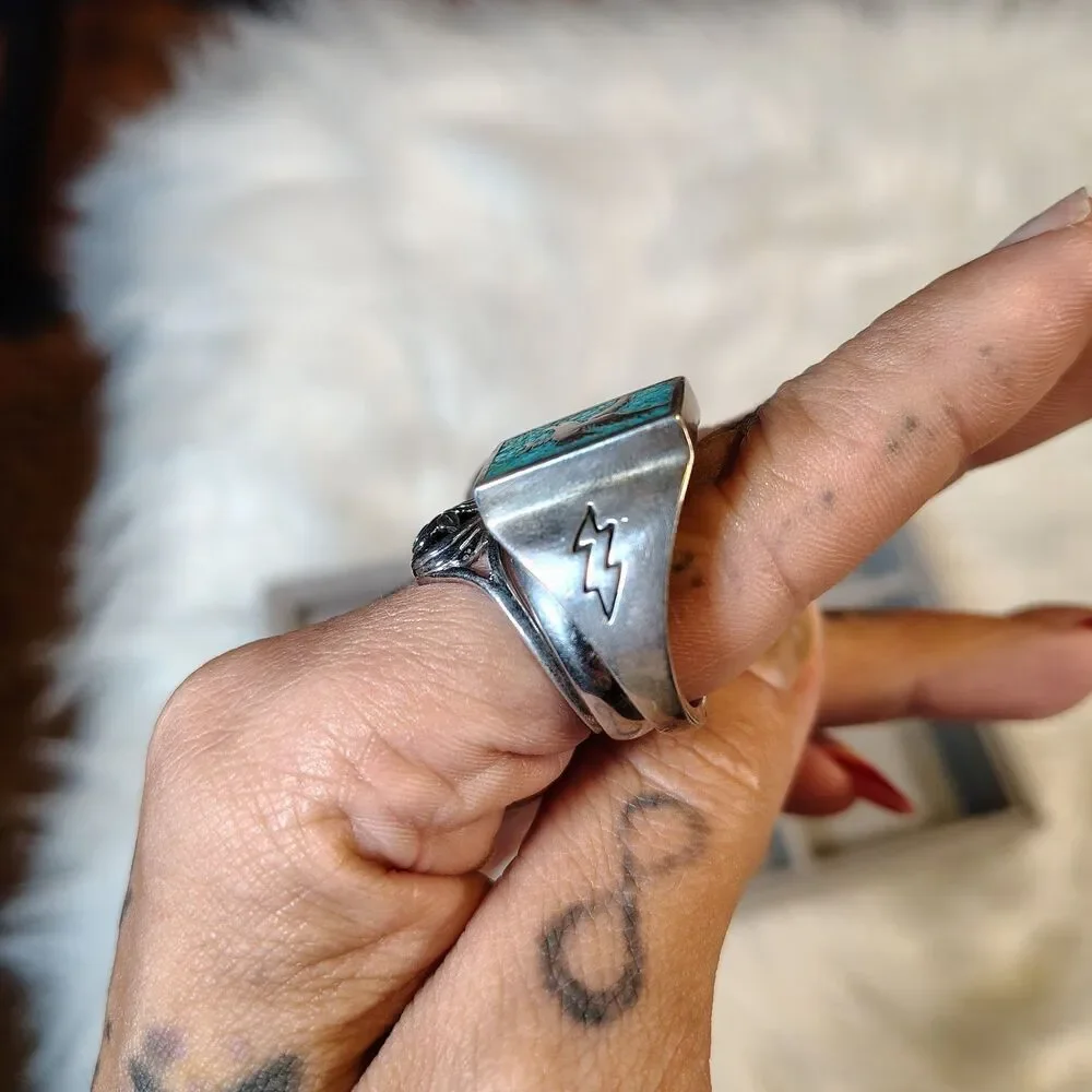 Carolyn Pollack Crushed Turquoise Inlay Sterling Eagle Signet VTG Mens Ring/J121